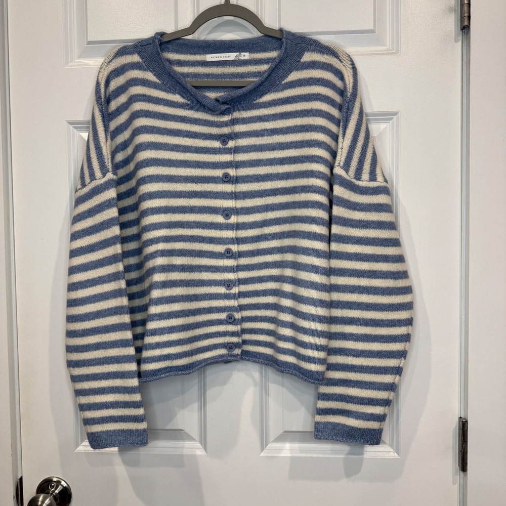 Altar'd State Blue and Cream Striped Button Up Cardigan Sweater Size Medium - Picture 2 of 3